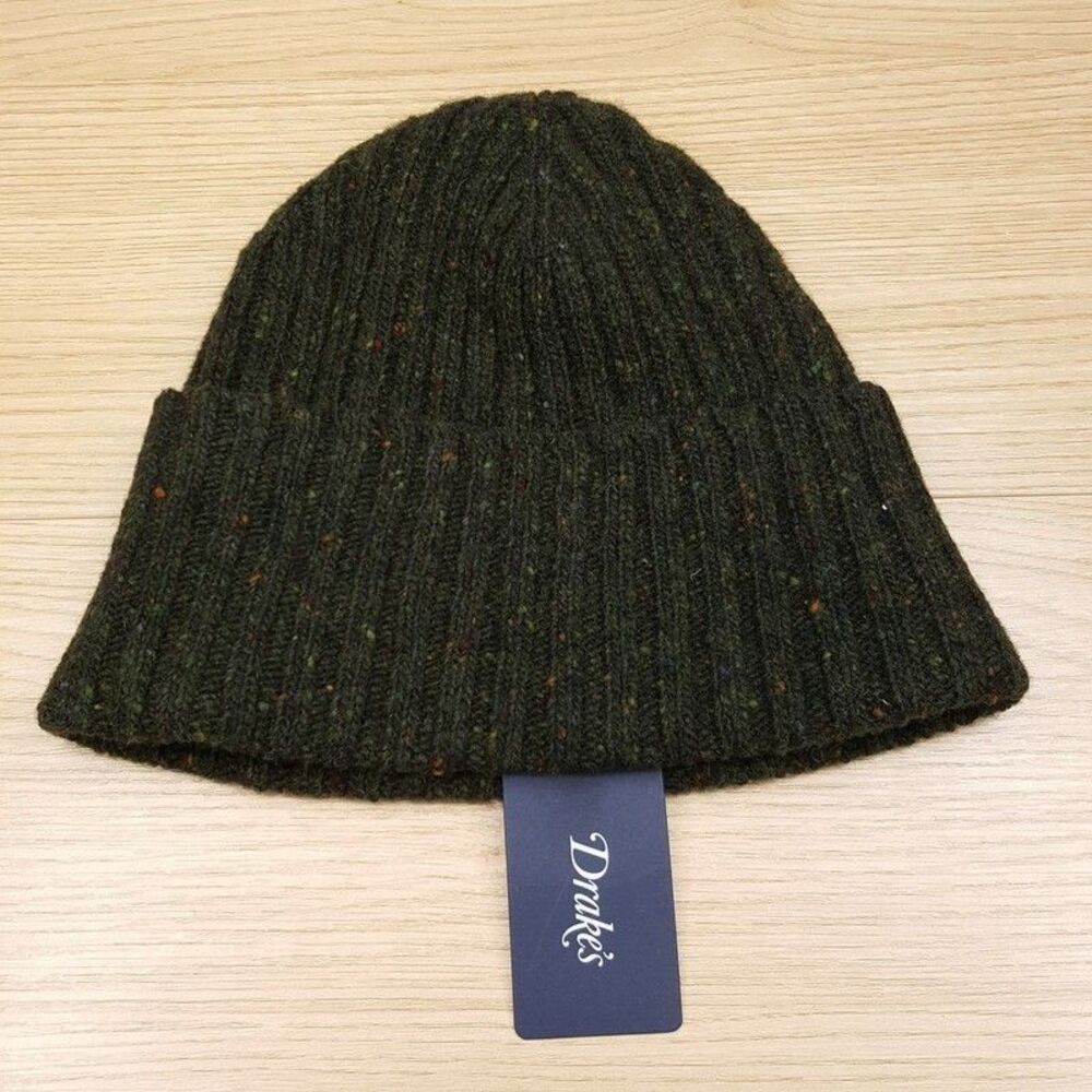 DRAKE'S Beanie Hat Green Merino Wool Knit Made In Scotland Donegal Speckled